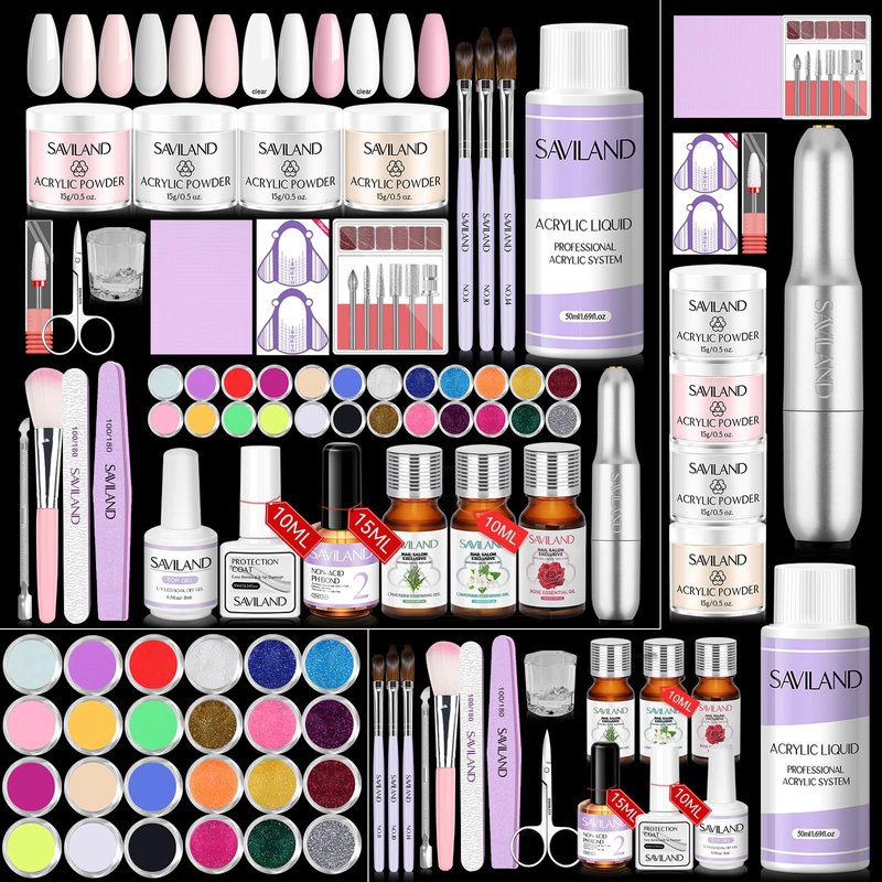 SAVILAND Acrylic Nail Kit with Drill & Essential Oil: Professional Acrylic Nails Kit for Beginner with Everything Nail Powder & Liquid Nail Primer Complete Home DIY Kit Salon Women Christmas Gift