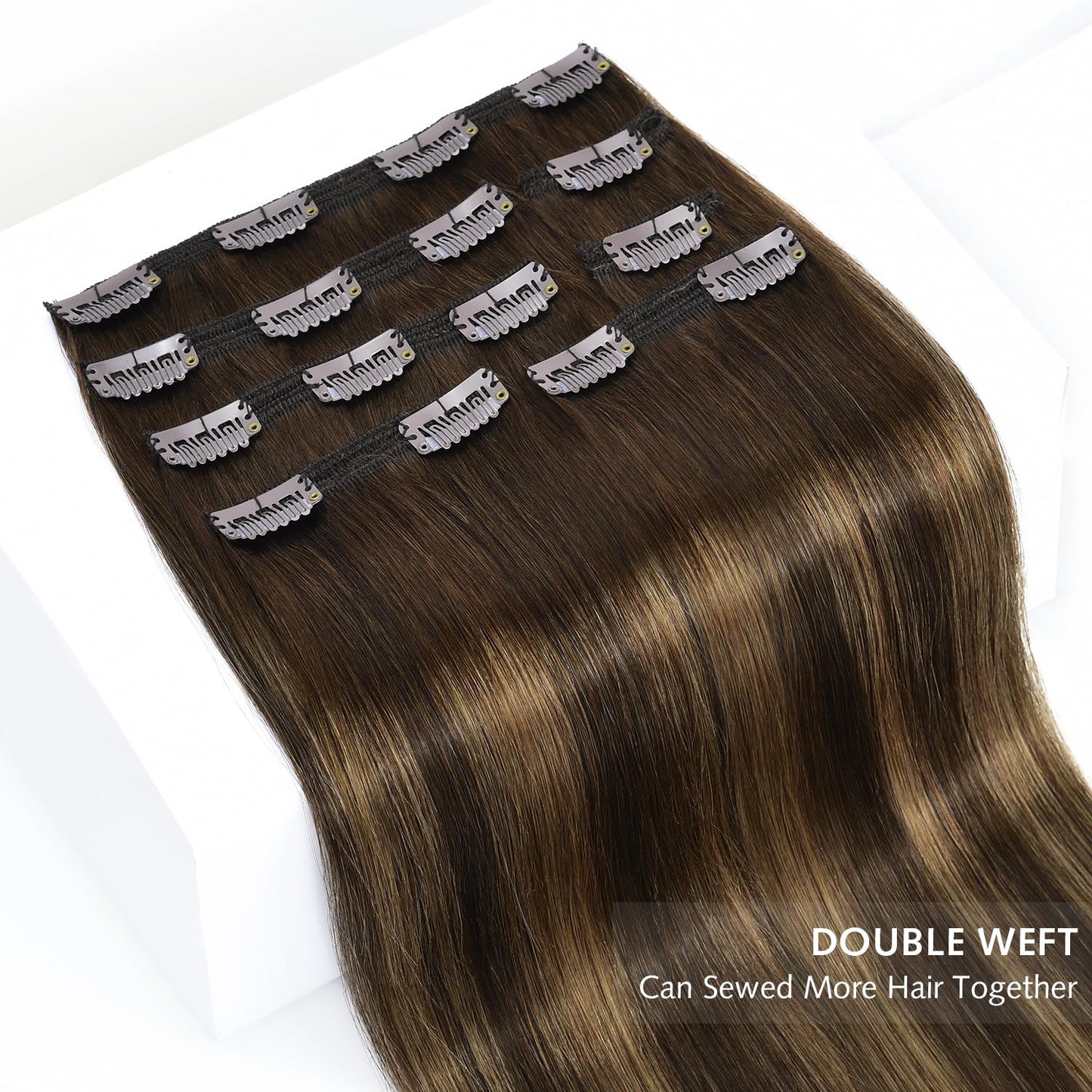 Rose bud Clip in Hair Extensions Real Human Hair 7Pcs 16Clips 14Inch 130g Natural Thick Hair Extensions Human Hair Medium Brown to Dark Blonde