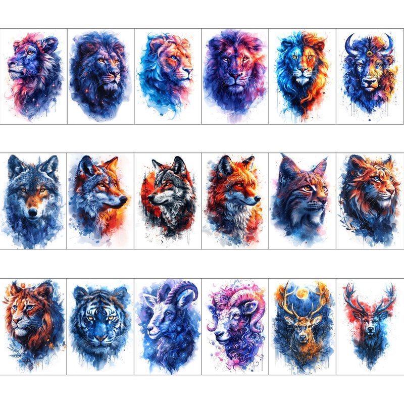 Temporary Tattoos for Adults - 18-Pack Realistic Animal Designs | Long-Lasting 3D Wolf, Lion, Tiger