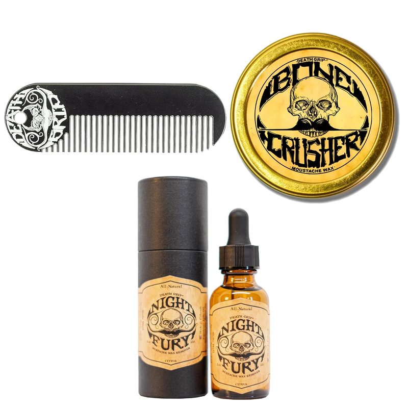 Bone Crusher Mustache Wax Set - Extra Strong Firm Hold | Night Fury Wax Remover Oil & Comb Included