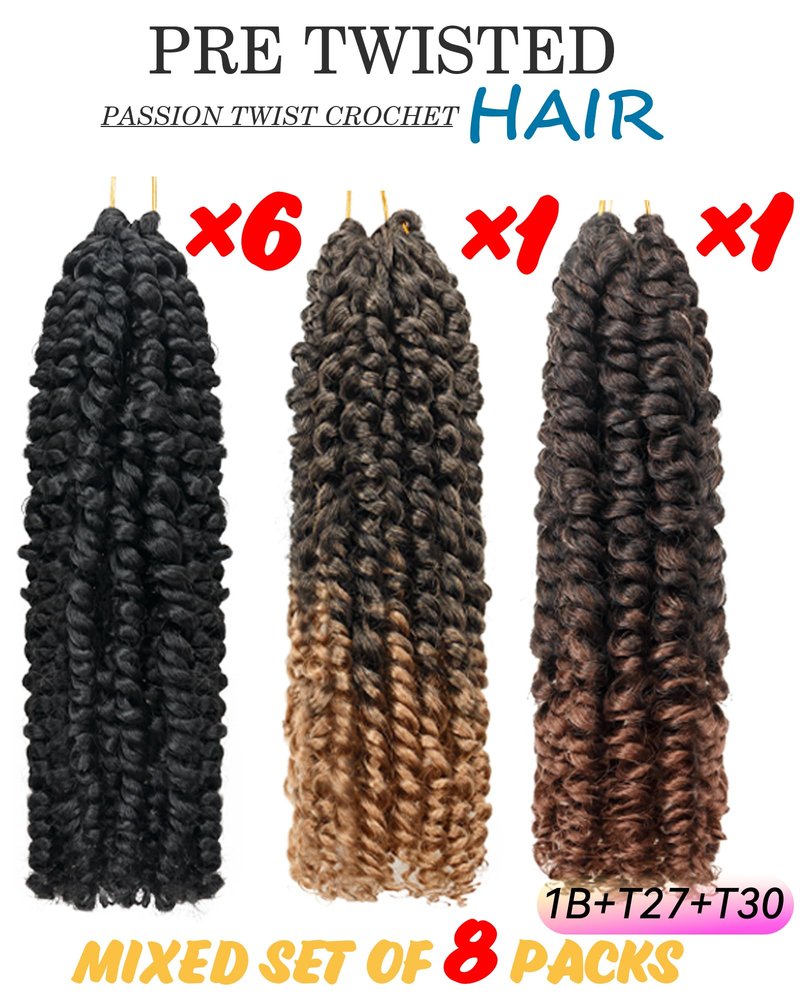 10 Inch 8 Packs Passion Twist Crochet Hair-Mixed Color Combo Pack(6 packs 1B+ 1 pack T1B/27+1 pack T1B/30),Pre-twisted Pre Looped Soft & Bouncy Synthetic Braided Hair Extensions (1B+T27+T30)