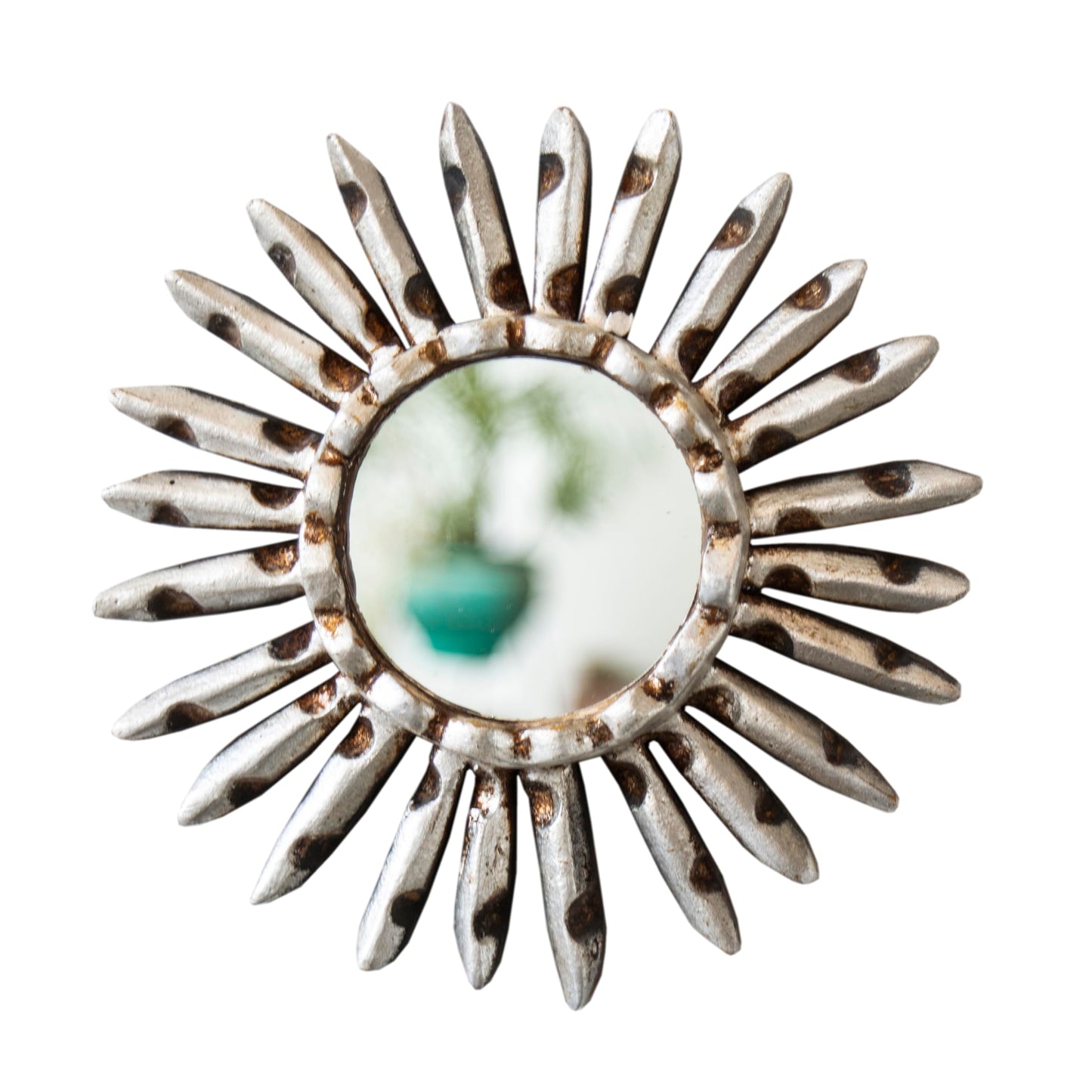 DecorContreras Small Sunburst Mirror with Silver Leaf Finish - Peruvian Carved Wood Round Mirror for Wall Art - Unique Gift for Her or Home (Silver)