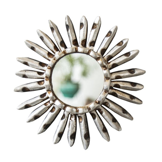 DecorContreras Small Sunburst Mirror with Silver Leaf Finish - Peruvian Carved Wood Round Mirror for Wall Art - Unique Gift for Her or Home (Silver)
