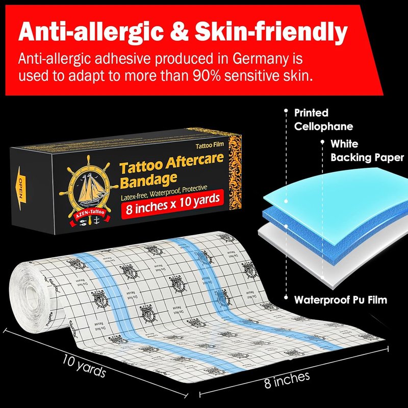 Tattoo Aftercare Bandage - Waterproof Second Skin Healing Wrap | 8" x 10 Yards