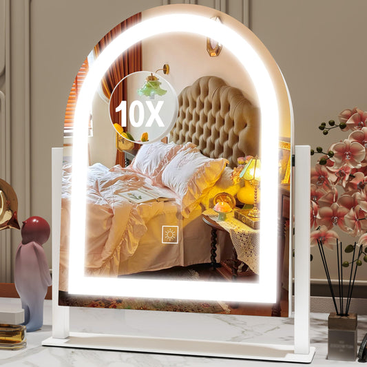 ROLOVE Lighted Makeup Mirror with 3-Color Dimmable Lighting, with Removable 10x Magnifier, Smart Touch Control, 360° Rotation, 15" x 13" Hollywood Vanity Mirror for Tabletop or Desk (White)