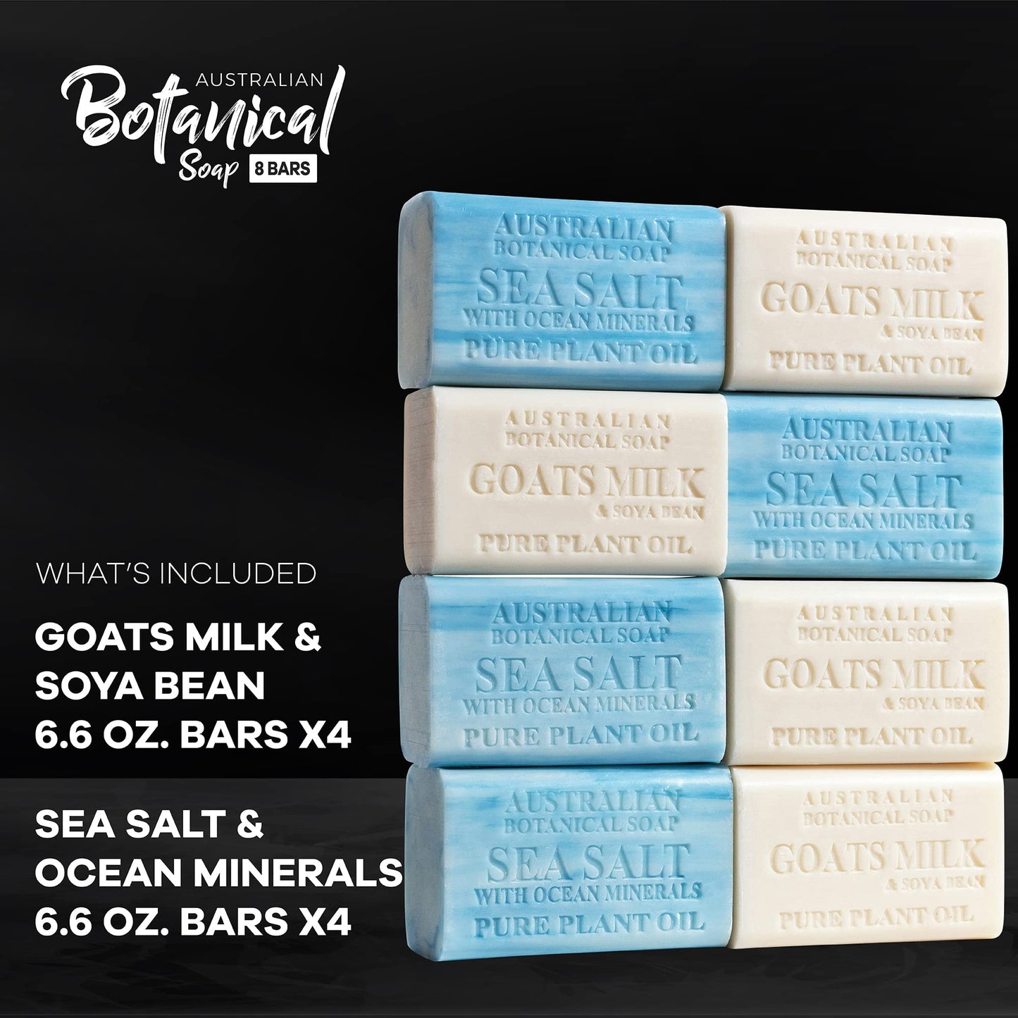 Australian Botanical Soap Men's Body & Beard Bar Duo Pack – Goats Milk & Sea Salt with Ocean Minerals, Triple Milled 6.6 oz Bars, 8 Pack - 4 Bars of Each