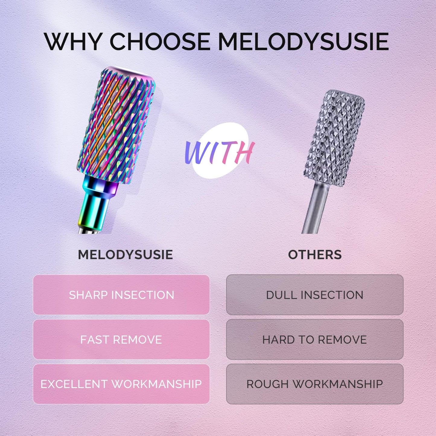 MelodySusie Nail Drill Bits Set, 7pcs Tungsten Carbide Diamond Nail Drill Bits for Acrylic Nails Poly Gel Cuticle Remove, 3/32'' Professional Nail Bits for Nail Drill Efile (A-Colorful)