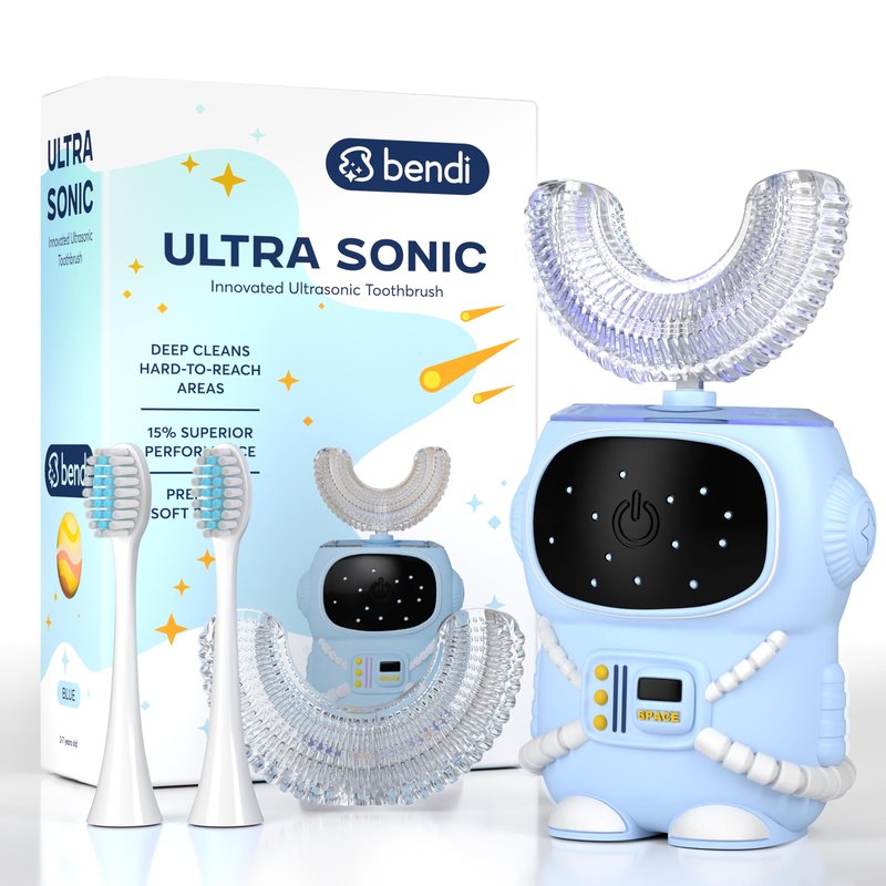 Bendi Kids U-Shaped Electric Toothbrush Ages 2-7 – 360° Mouthguard Design with Memory, 5 Brushing Modes & Multiple Heads Soft Silicone Auto Toothbrush for Toddlers & Children – Travel-Friendly (Blue)