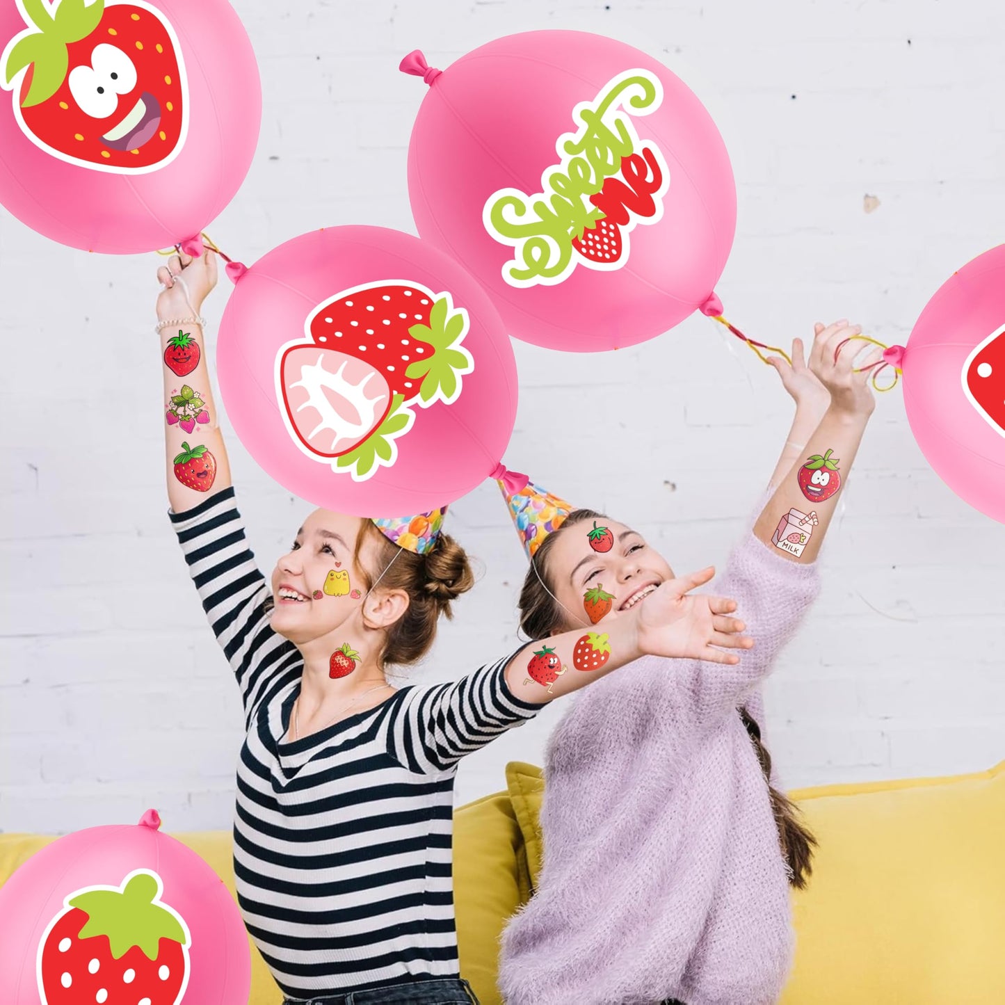 72 PCS Strawberry Party Favors - 48 PCS Temporary Tattoos & 24 PCS Punch Balloons Combo - Birthday Gifts & Goodie Bag Fillers