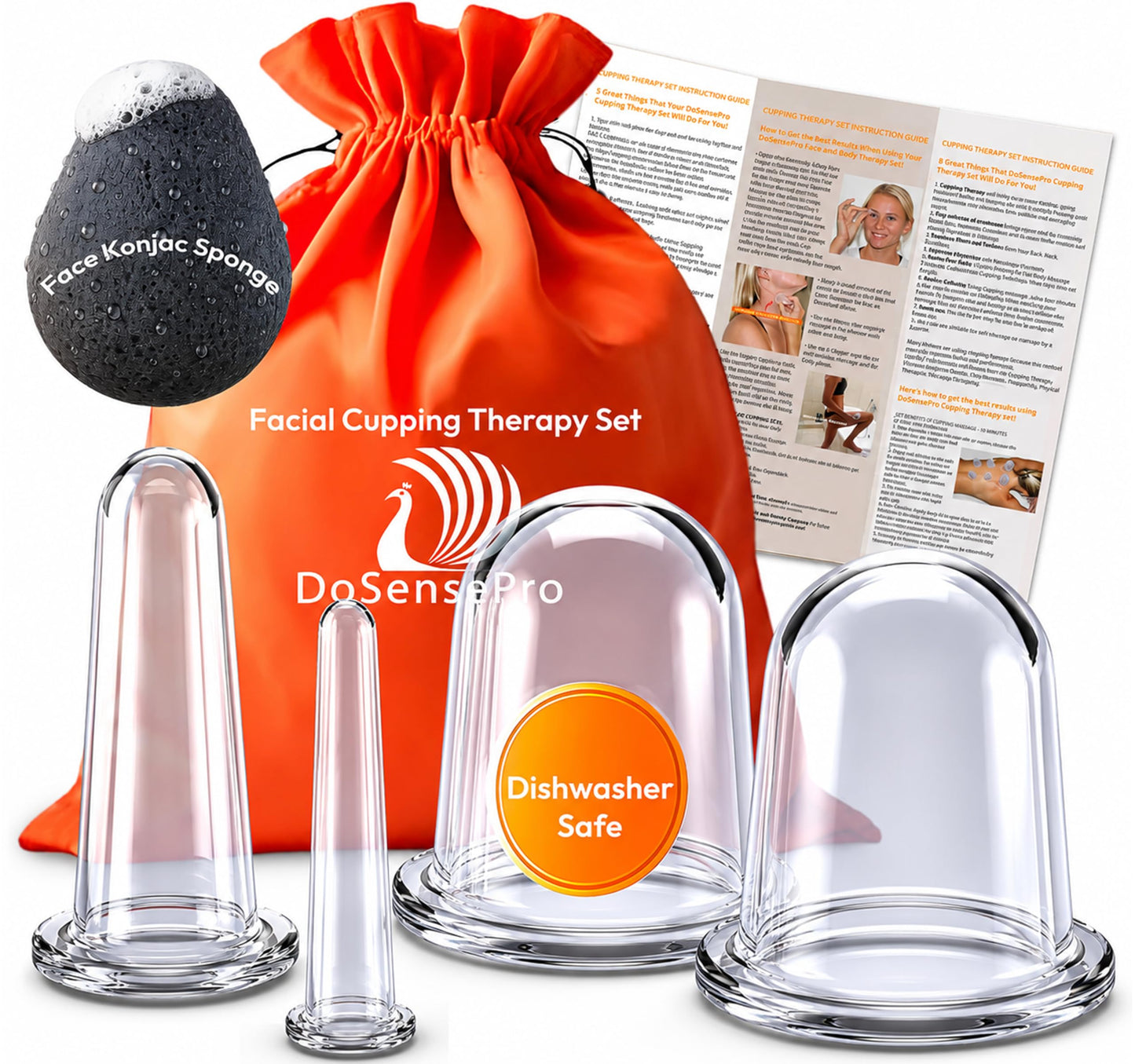 DoSensePro Silicone Facial Cupping Set - 4 Cups for Face, Neck & Jaw, TMJ Tension, Lymphatic Drainage, Anti-Puffiness & Cellulite, Medical-Grade Kit with Konjac Sponge, Storage Bag & Guide