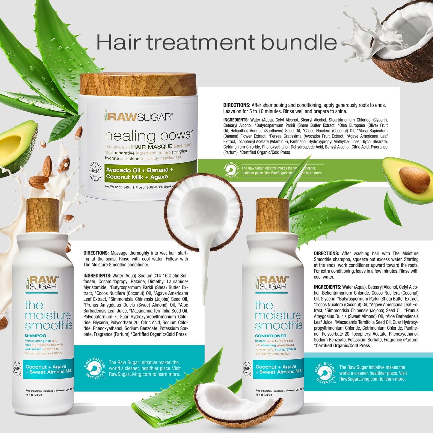 Raw Sugar Moisture Smoothie + Hair Masque Bundle - Shampoo & Conditioner for Dry Damaged Hair, Sulfate & Paraben Free