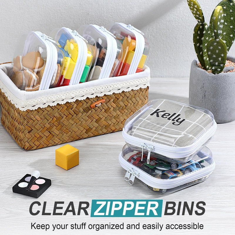 Qiyaz 12 Pcs Clear Hard Zipper Case Plastic Zipper Pouch with 5 Sheets Alphabet Stickers Double Toy Storage Organizer Makeup Case for Travel Building Blocks Puzzles Cosmetic(5 x 5 x 2”)