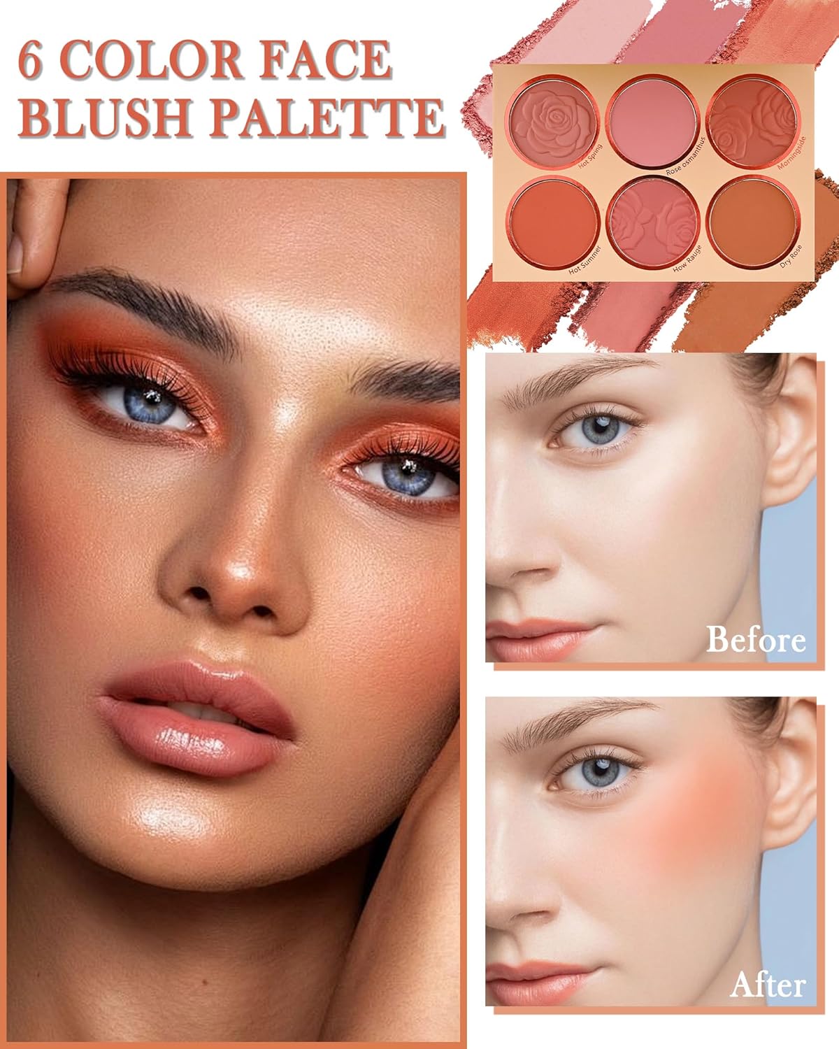 Matte Face Blush Palette - 6 Color High Pigment Mineral Blusher for Cheeks | Long-Lasting Makeup Gift for Women