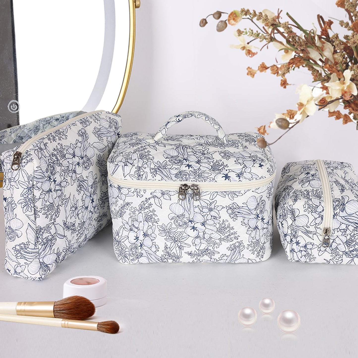 Sarrany 3Pcs Makeup Bag Set,Quilted makeup bag,Floral Cosmetic Bag for Women, Cute Cotton Cosmetic Bag, Wide-open Easy to Take, Flower Toiletry Organizer Bag