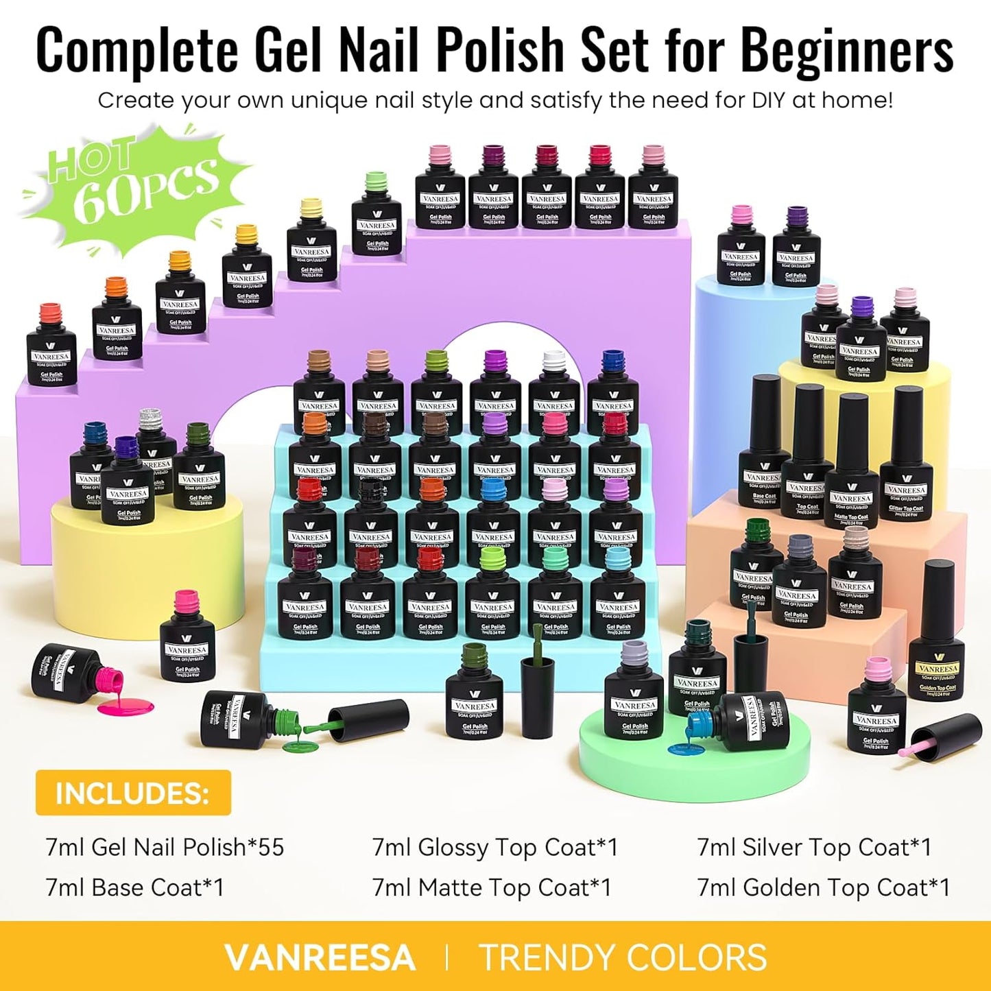 VANREESA 60 Pcs Gel Nail Polish Set - 55 Vibrant Colors for All Seasons | Base & Top Coats Included