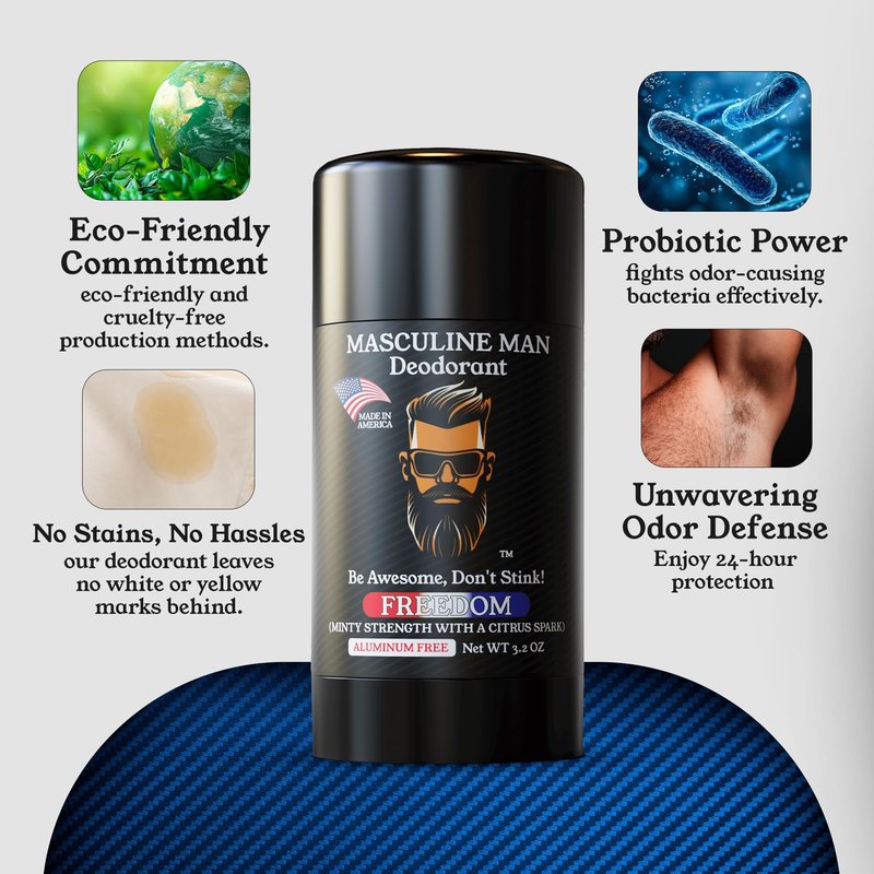 MASCULINE MAN Deodorant for Men - Aluminum Free Mens Deodorant - Natural Deodorants - Sweat Protection for Underarm - Stain-Free Stick Deodorants - Made in USA, 3.2oz (Pack of 2, Freedom)
