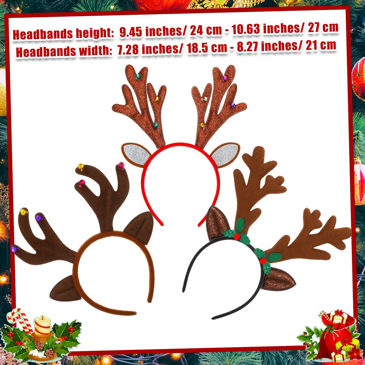 Riceshoot 24 Pcs Christmas Antler Headband Reindeer Headband Deer Plush Ear Antler Hair Hoop Beauty Accessory for Xmas Party(Dark Brown Style)