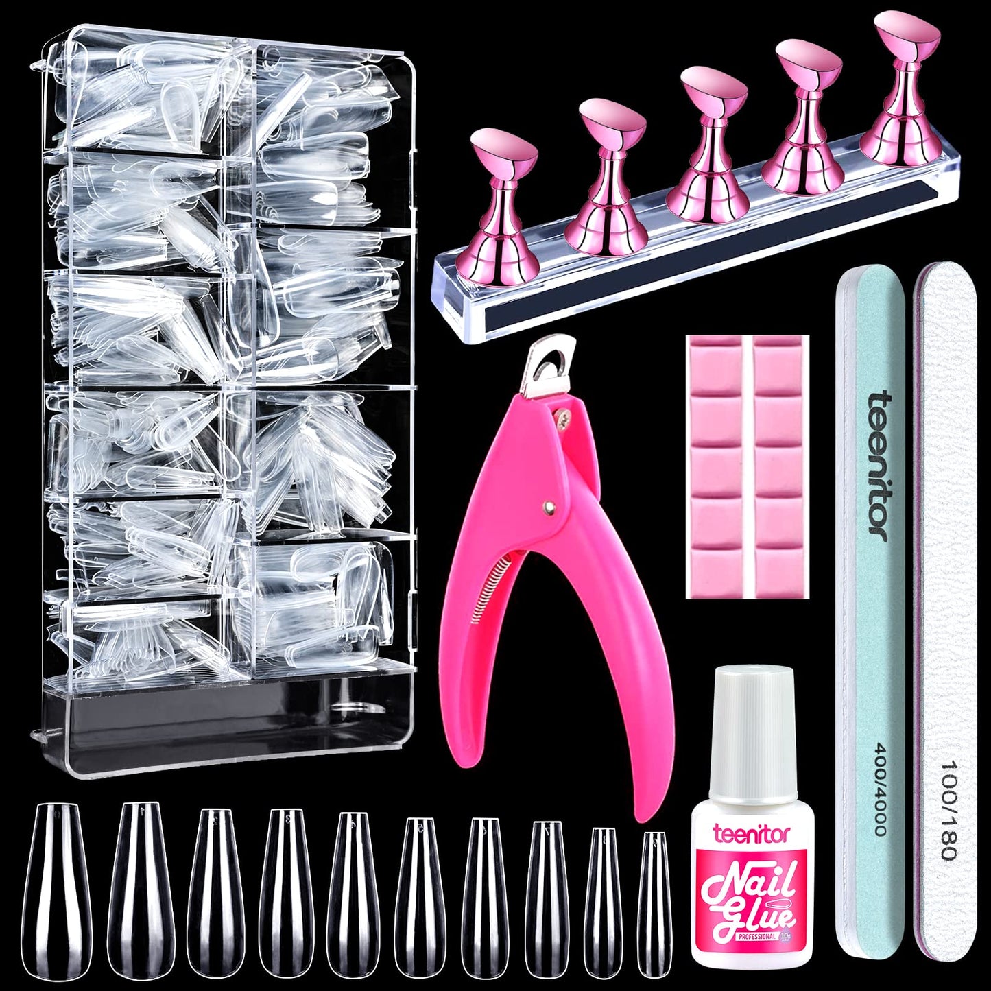 Coffin Nail Tips, Teenitor Nail Art Kit with Nail Art Stickers Holographic Nail Art Sequins Glitter Press On Nails DIY Fake Nails