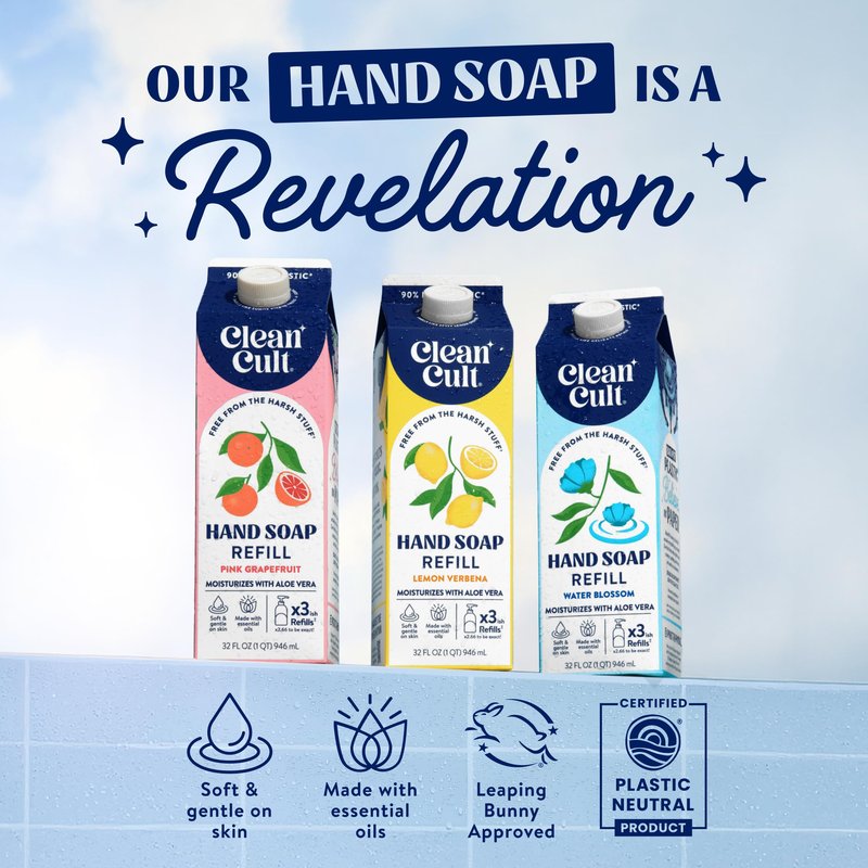 Cleancult Liquid Hand Soap Refill - Pink Grapefruit- Moisturizes Dry & Sensitive Skin - Made with Aloe Vera & Essential Oils - Eco Friendly - Paper-Based Packaging - 32 oz/3 Pack