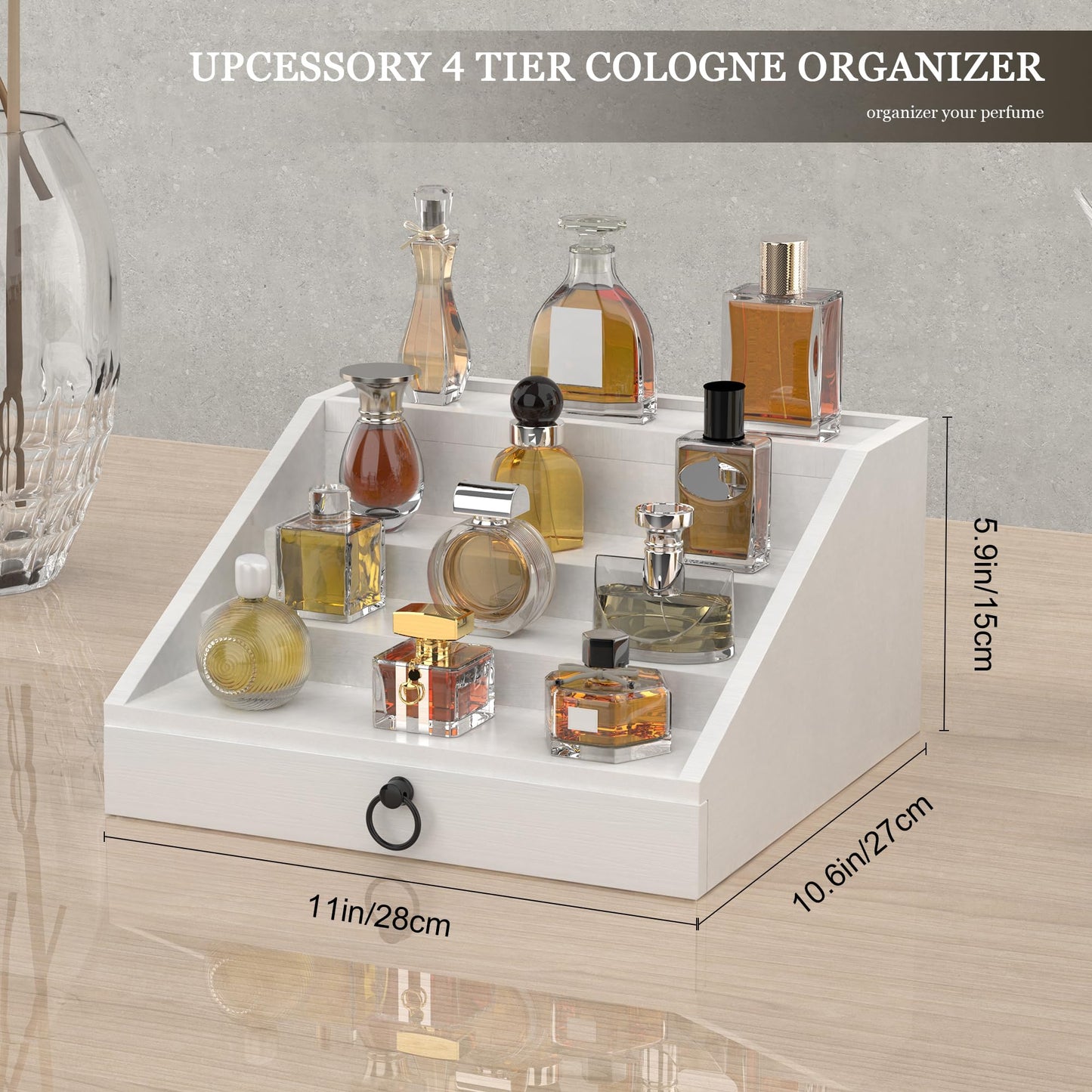 upcessory Wooden Cologne Organizer for Men Enhanced 4 Tier Cologne Stand Shelf Perfume Organizer with Velvet Lined Drawer & Hidden Storage Perfume Display Holder for Dresser Nice Gift (Elegant White)