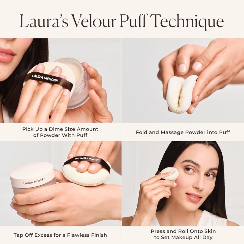 Laura Mercier Translucent Loose Setting Powder - Talc-Free, Ultra-Blur Finish, Hyaluronic Acid Infused | Tone-Up Rose, Velour Puff Bundle