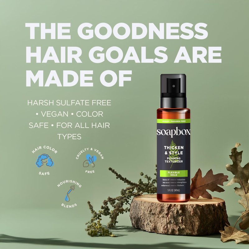 Soapbox Men's Thicken & Style Foaming Texturizer, Hair Looks Thicker, Fuller, & Volumized - Clean Ingredients Free of Harsh Chemicals, Sulfates, Parabens & Silicones - Styling Hair Products for Men