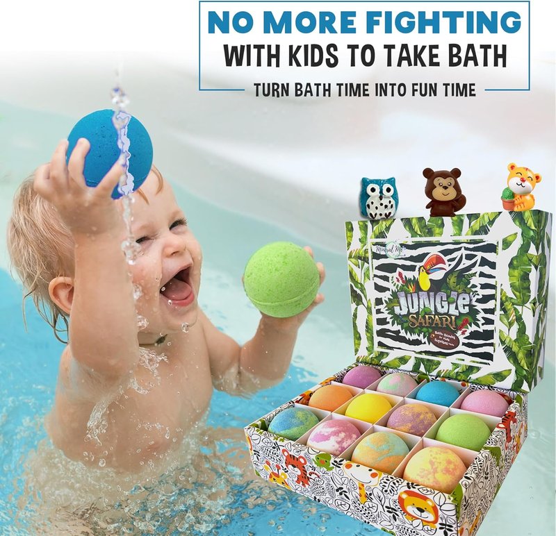 Bath Bombs for Kids - 12 Jungle Animal Surprise Fizzies | Moisturizing & Gentle Rainbow Spa Experience