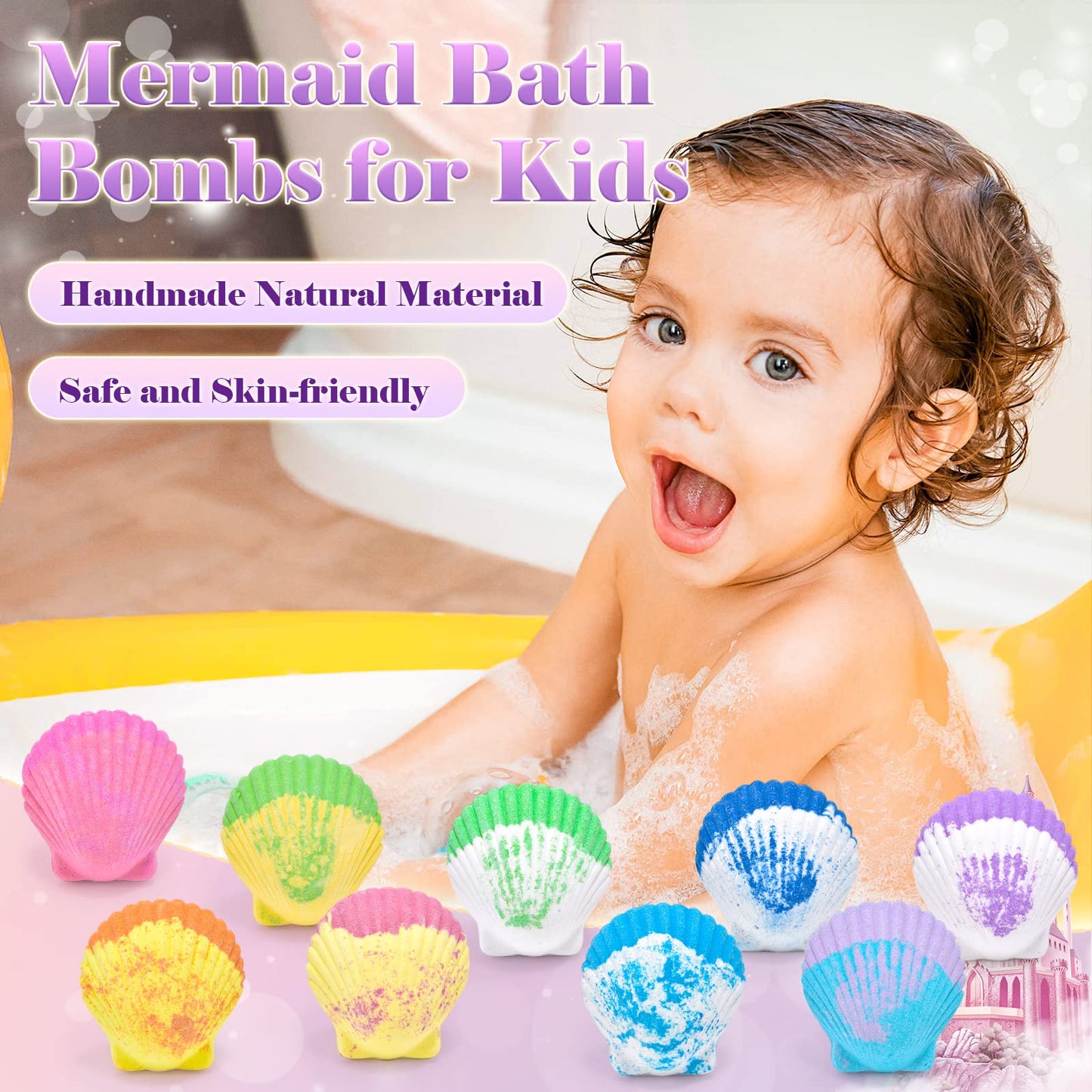 Tacobear Shell Bath Bombs for Kids Girls with Surprise Inside, 9Pcs Big Organic Natural Bubble Bath, Jewelry Set, Crown, Magic Wand, Sticker, Easter Basket Stuffers Mermaid Christmas Birthday Gift Toy