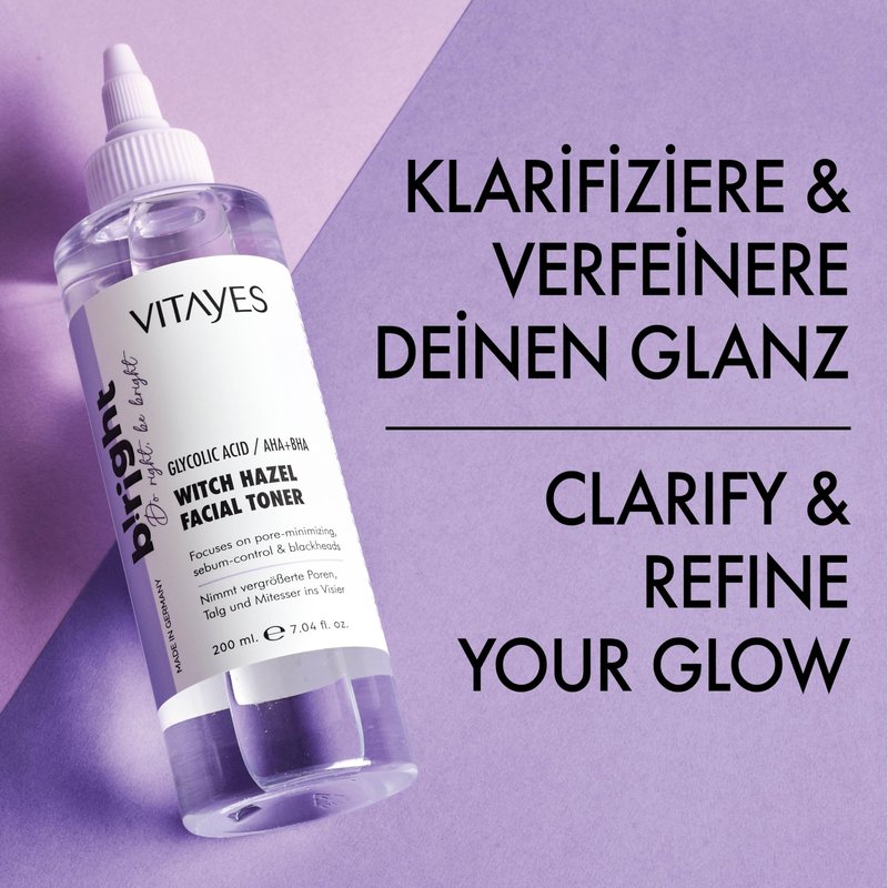 VITAYES b!Right Witch Hazel Toner for Face AHA, BHA & Glycolic Acid - Pore Reducing & Deep Cleansing - Premium Skin Care Essence for Radiant Beauty 6.76 Fl Oz (Pack of 1)