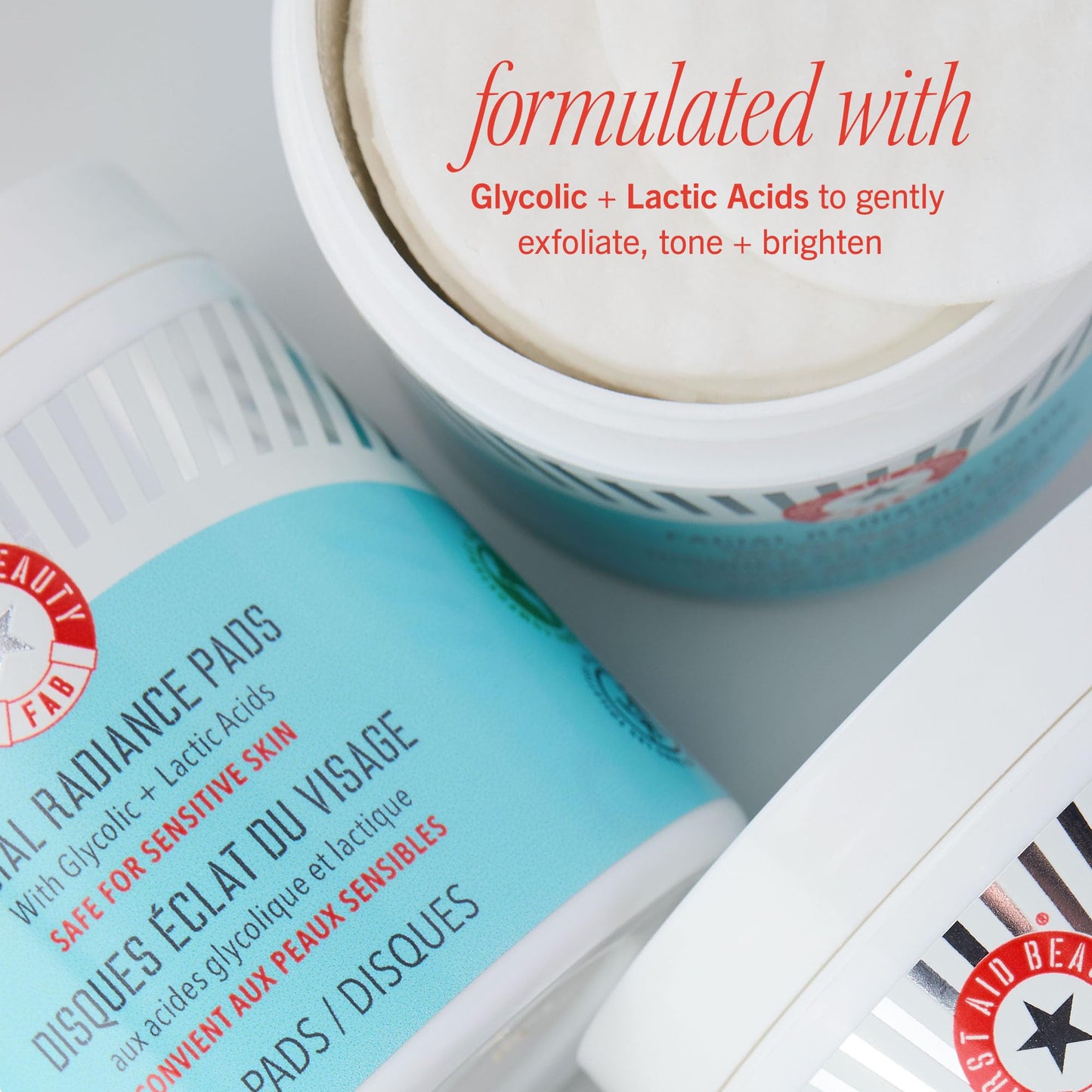 First Aid Beauty - Facial Radiance Pads with Glycolic & Lactic Acids, Daily Exfoliating Pads with AHA, Visibly Smaller Pores, Help Tone & Brighten Skin, One-Step Makeup Prep, Compostable, 60, 2ct