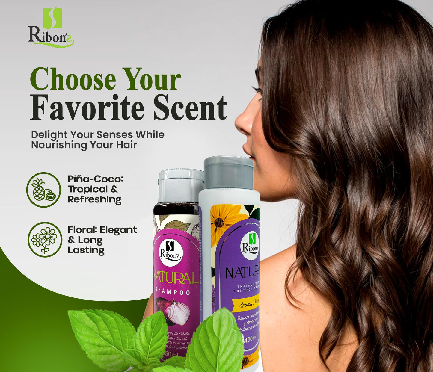 Ribon's Natural Shampoo and Conditioner Set Hair Growth – Anti-Hair Loss, Strengthening & Nourishing Formula with Onion, Rosemary & Aloe Vera – Floral Scent – 450ml Each