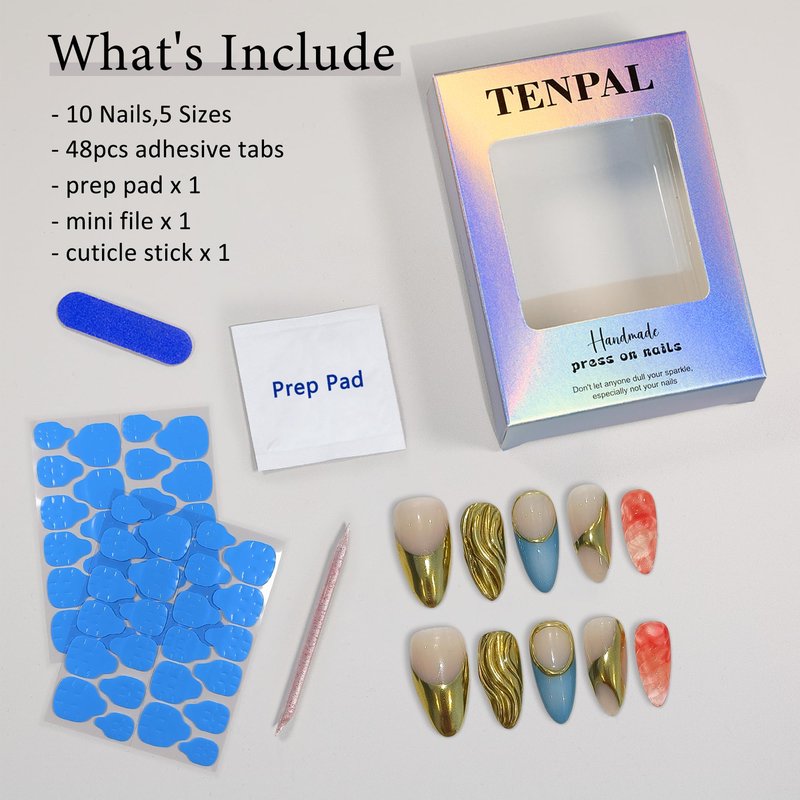 TENPAL 10Pcs Hand-Forged Press on Nails with Kit,Gothic Electroplate Almond Nails,Metallic Filigree & Rivet Designs Glue on Nails,Acrylic Glossy Punk Luxe Fake Nails Set, Chrome Stick on Nails(S)