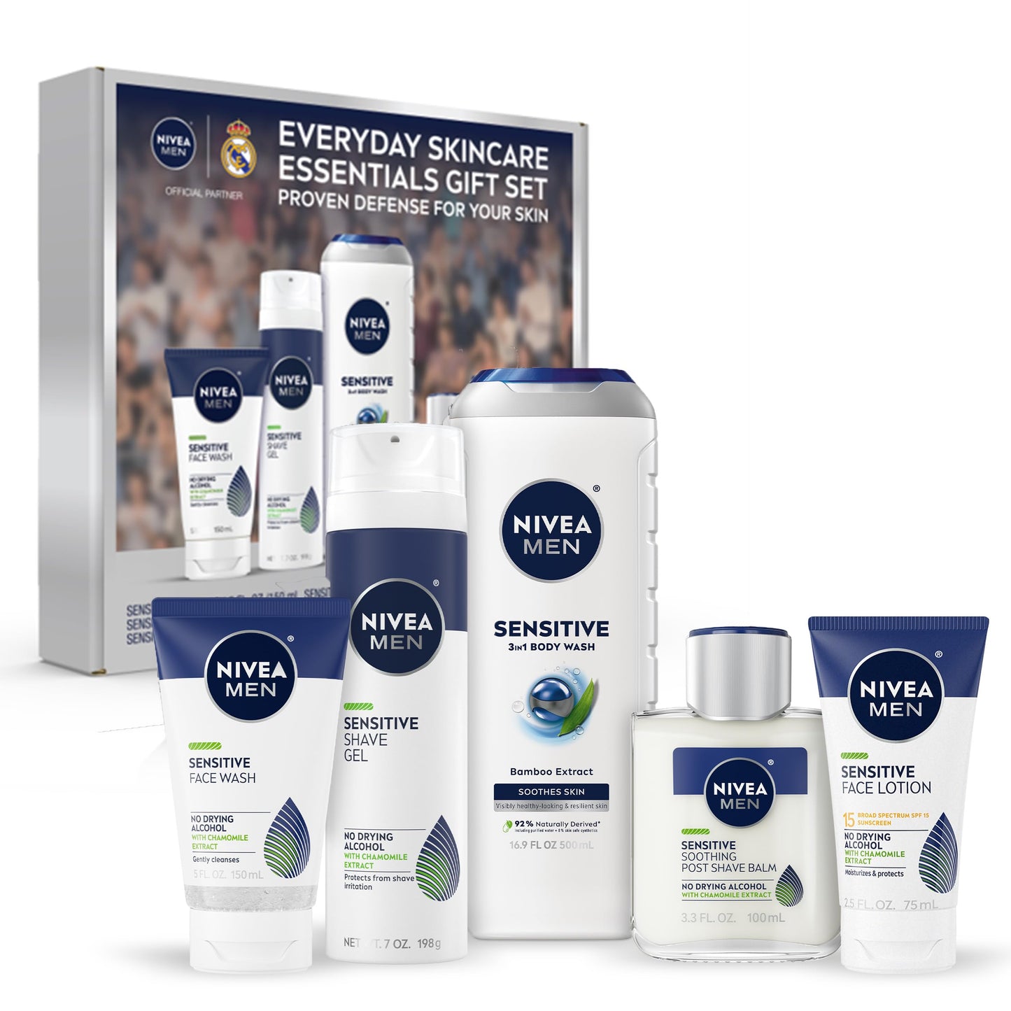 NIVEA MEN Sensitive Skin Care Set for Men, Face Wash, 5 Fl Oz + Body Wash, 16.9 Fl Oz + Shave Gel, 7 Oz + Soothing Post Shave Balm, 3.3 Fl Oz + Face Lotion SPF 15, 2.5 Fl Oz