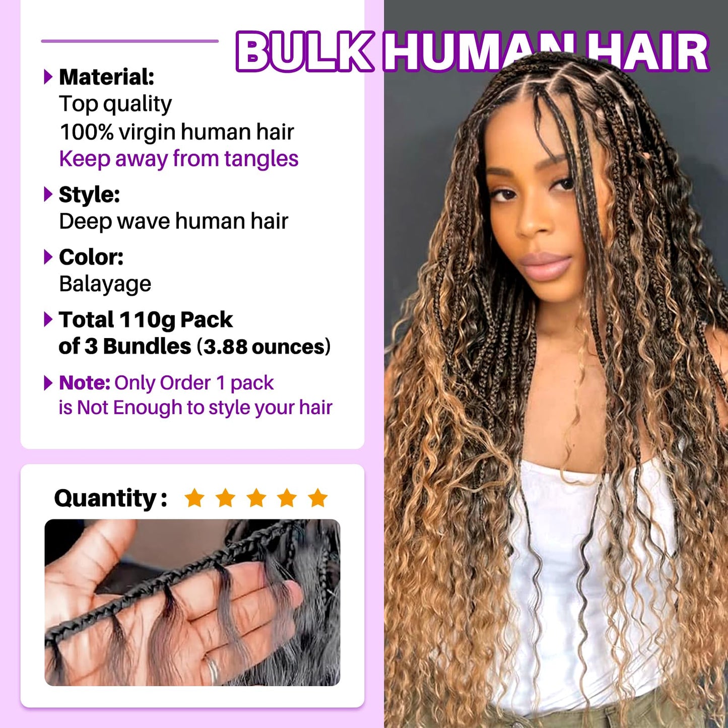 Human Braiding Hair for Boho Braids, Deep Wave Bulk Boho Braids Human Hair for Knotless Curly Bohemian Water Wave Braiding 110g 16 Inch Chocolate Brown (3 No Weft Bundles/Pack)