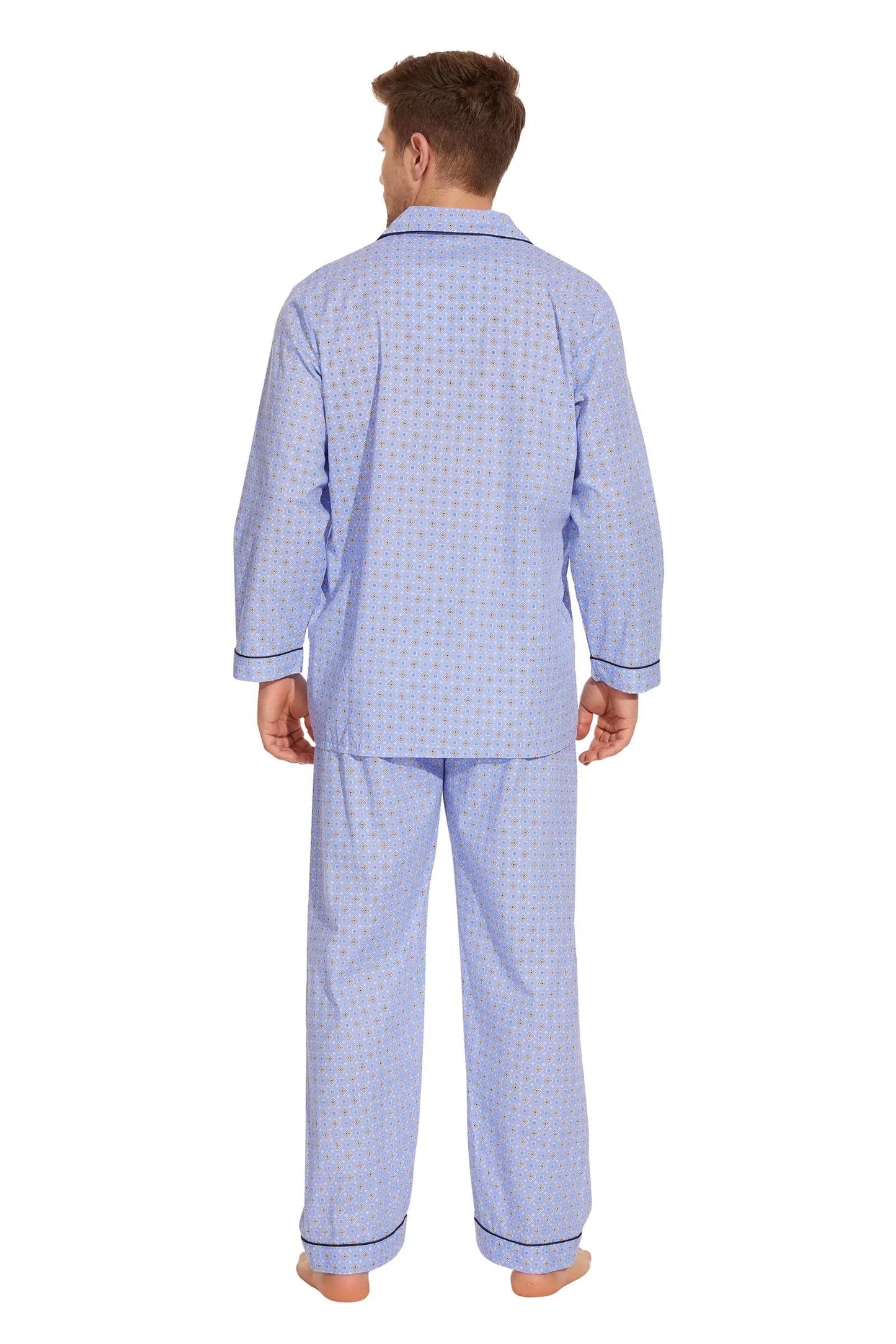 GLOBAL Mens Pajamas Set, 100% Cotton Woven Drawstring Sleepwear Set with Top and Pants/Bottoms,Medium