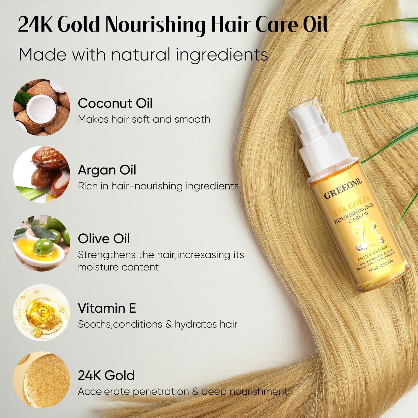 GREEONIL Argan, Coconut, and Olive Oil Nourishing Hair Treatment with Vitamin E for Frizz Control, Add Shine,Nourishing Hair Oil for Split Ends Hair Treatment, 4 Pack