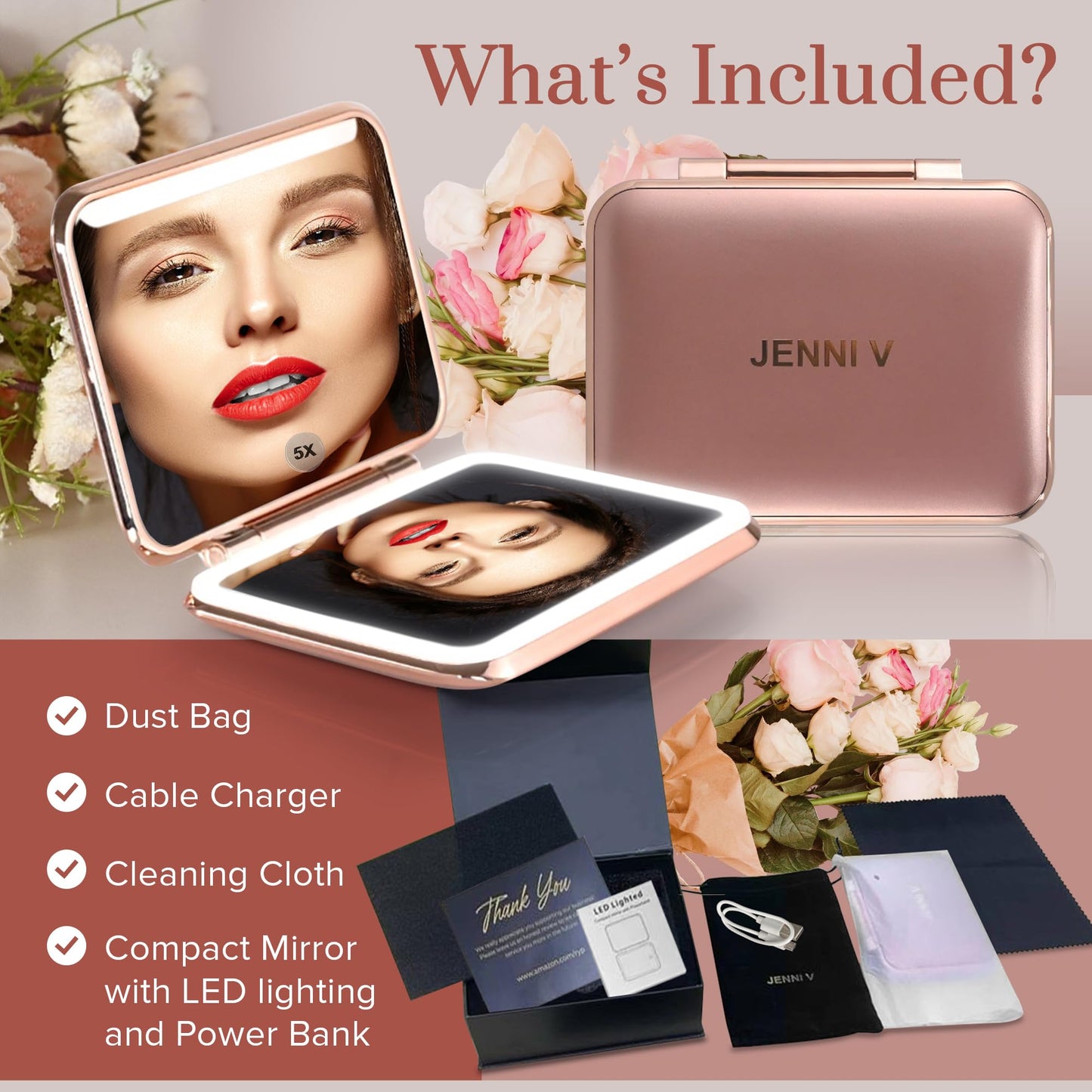 JENNI V LED Compact Mirror with Light, 5X Magnification and Power Bank Changer - Handheld Pocket Mirror - Rechargeable Travel Mirror with Light - Small Portable Makeup Mirror for Purse (Rose Gold)