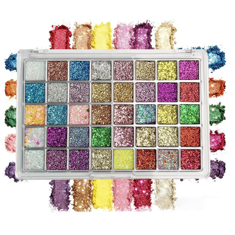 Glitter Makeup Palette - 40 Ultra Shimmer Colors | No Glue Needed, Multi-Purpose for Face, Hair & Body