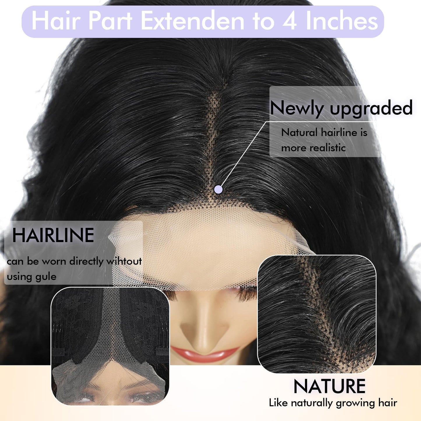 SCENTW Black Wig for Women Hand-Tied Lace Synthetic Lace Front Wig Long Wavy with 4x1 Lace Natural Hairline Middle Part Synthetic wig for Daily Party Beginners