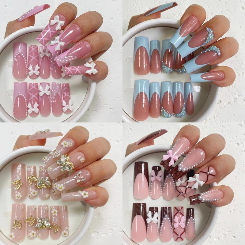 Extra Long Square Press-On Nails - 4 Box Set with 3D Designs | Stylish False Nail Tips for Women | Perfect Gift Idea