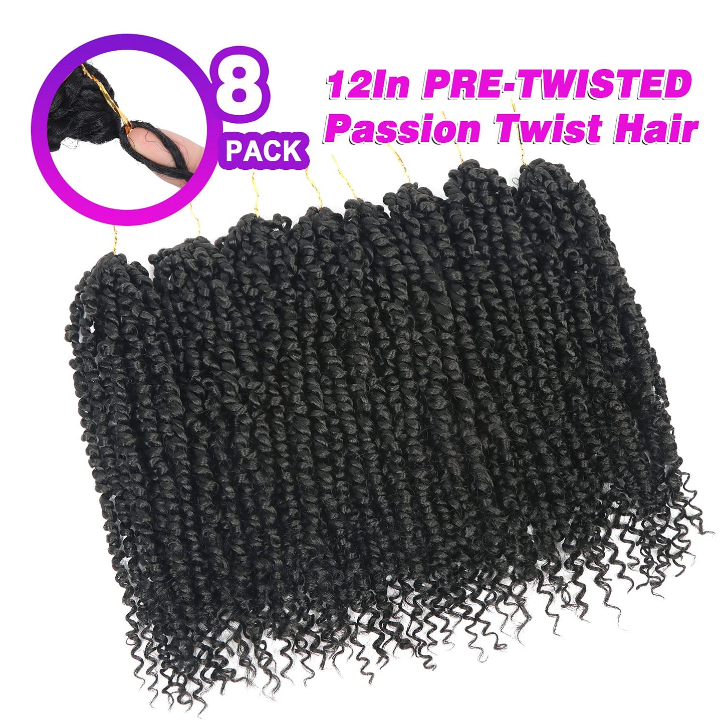 Passion Twist Crochet Hair - 14 Inch Pre-Twisted Synthetic Braids | 8 Packs for Women & Kids - Color 1B