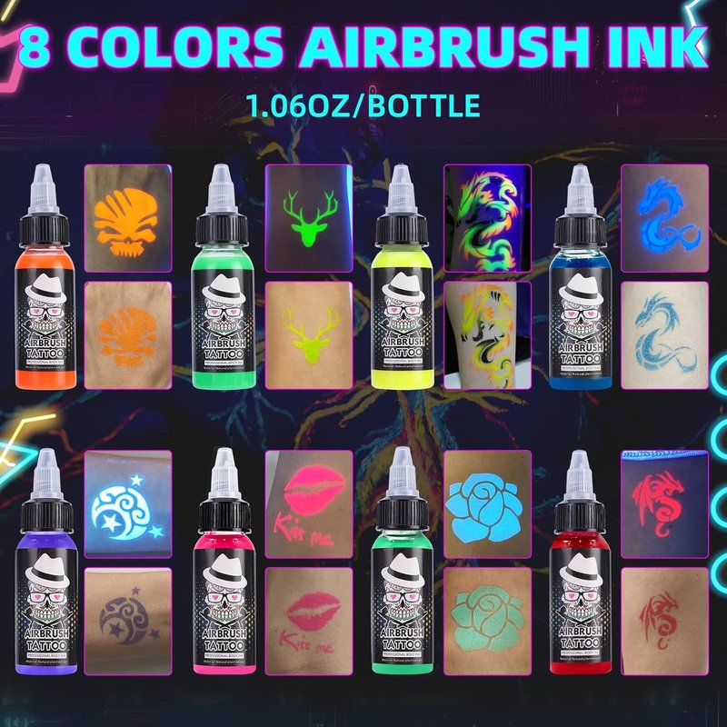 Ophir Neon Airbrush Temporary Tattoo Ink - 8 Vibrant Colors for Rave & Festival Body Paint | 1.06oz Bottle