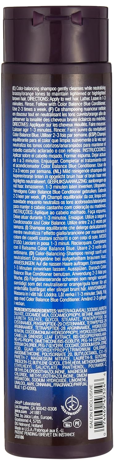 Joico Color Balance Blue Shampoo - Eliminate Brassy Tones & Boost Shine | For Lightened Brown Hair with Rosehip Oil & Green Tea Extract