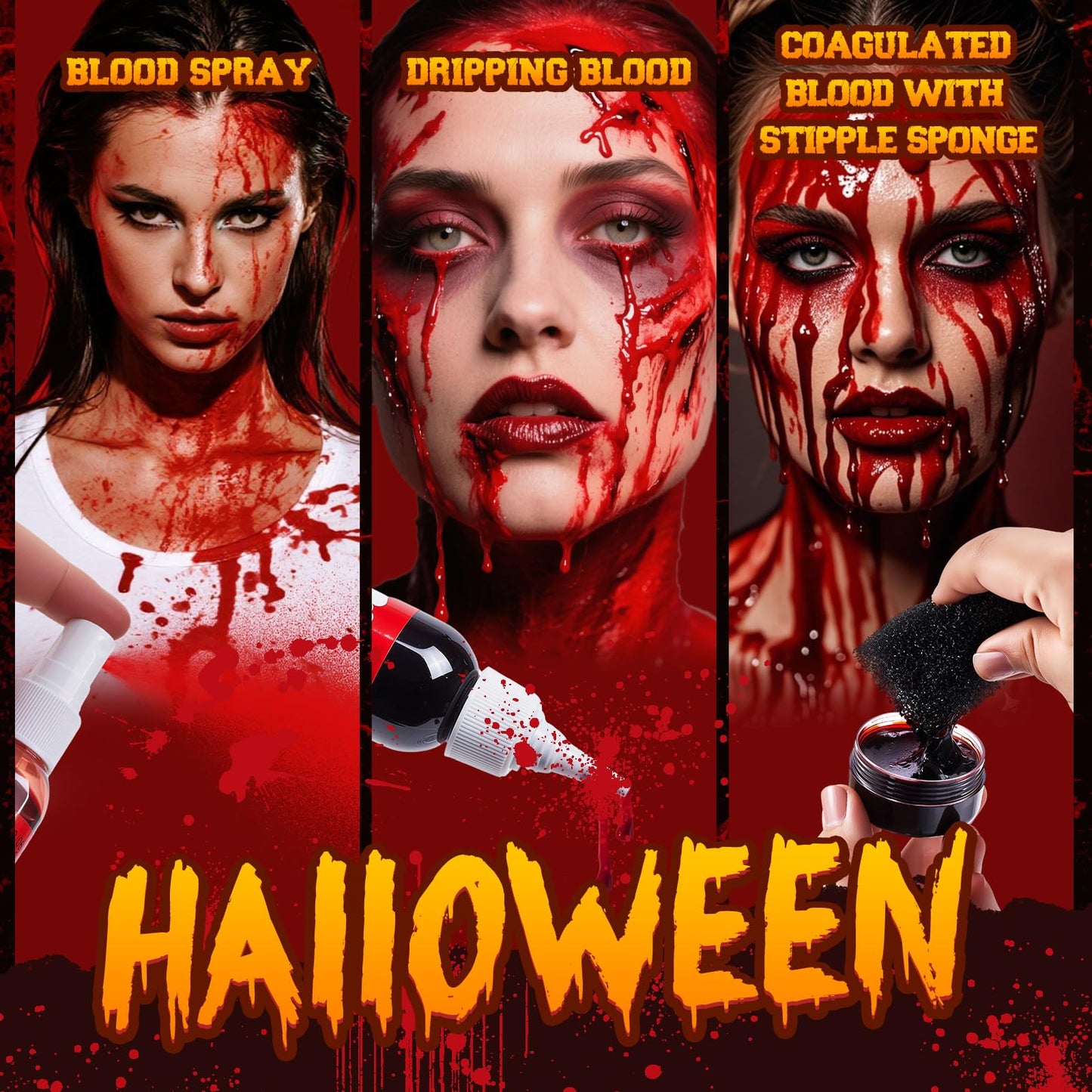MEICOLY 5PCS Halloween Fake Blood Makeup Kit,Special Effects SFX Makeup for Zombie Vampire Monster Cosplay,2.1oz Fake Blood Spray+2.1oz Dripping Blood+Coagulated Blood+Cleansing Soap+Stipple Sponge