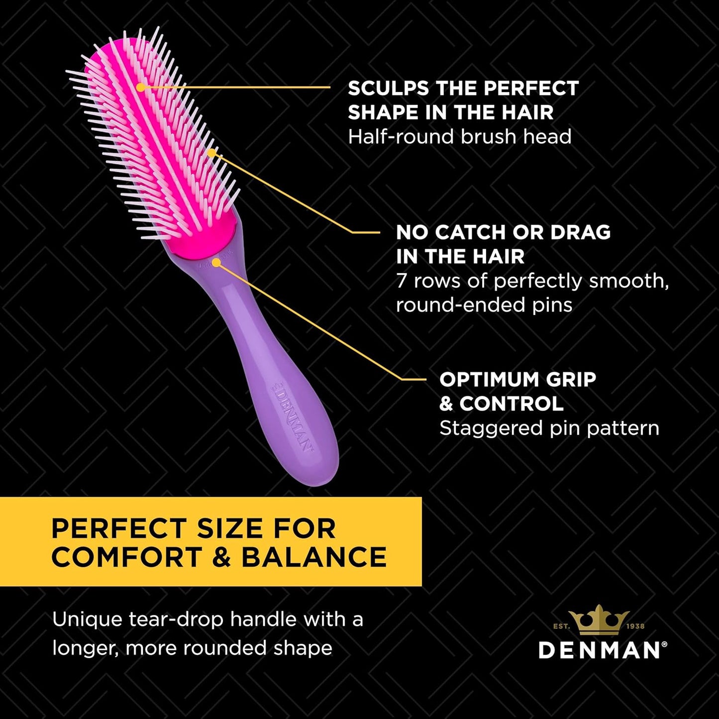 Denman Violet Styling Brush Set - 7 Row & Paddle Hair Brushes for Ultimate Detangling | All Hair Types