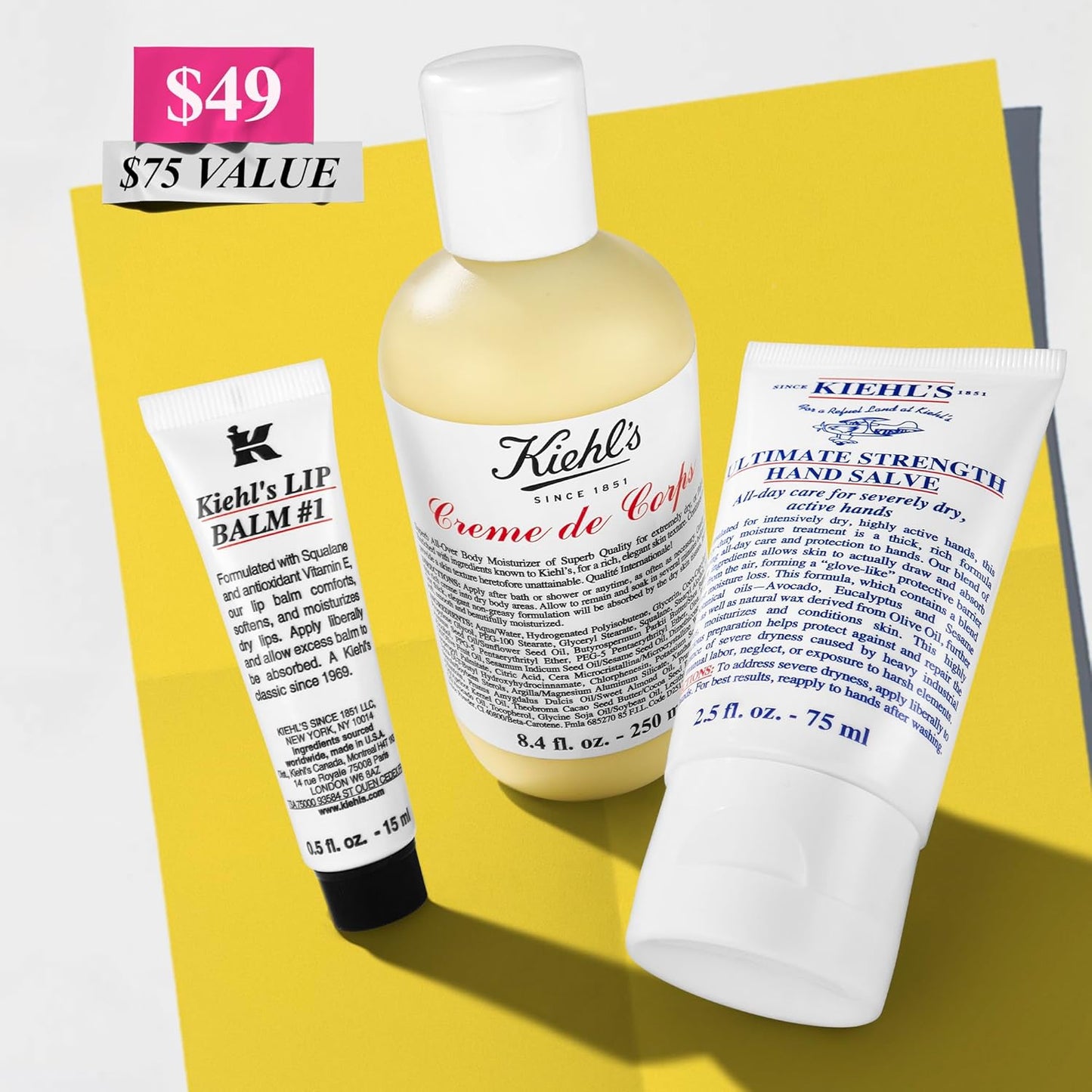 Kiehl's Body Care Routine Gift Set - Moisturizing Hand Lotion, Body Cream & Lip Balm | For Dry Skin, Unisex