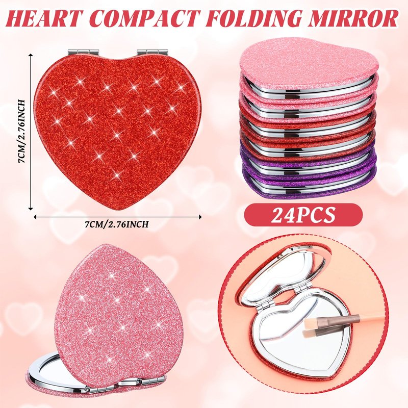 BrightRow 24 Pcs Heart Compact Mirror Magnifying Travel Mirror Bulk with Glitter Double Sided Cosmetic Purse Mirrors Heart Shaped Folding Pocket Makeup Mirrors for Women Mom Gift(Red, Pink, Purple)