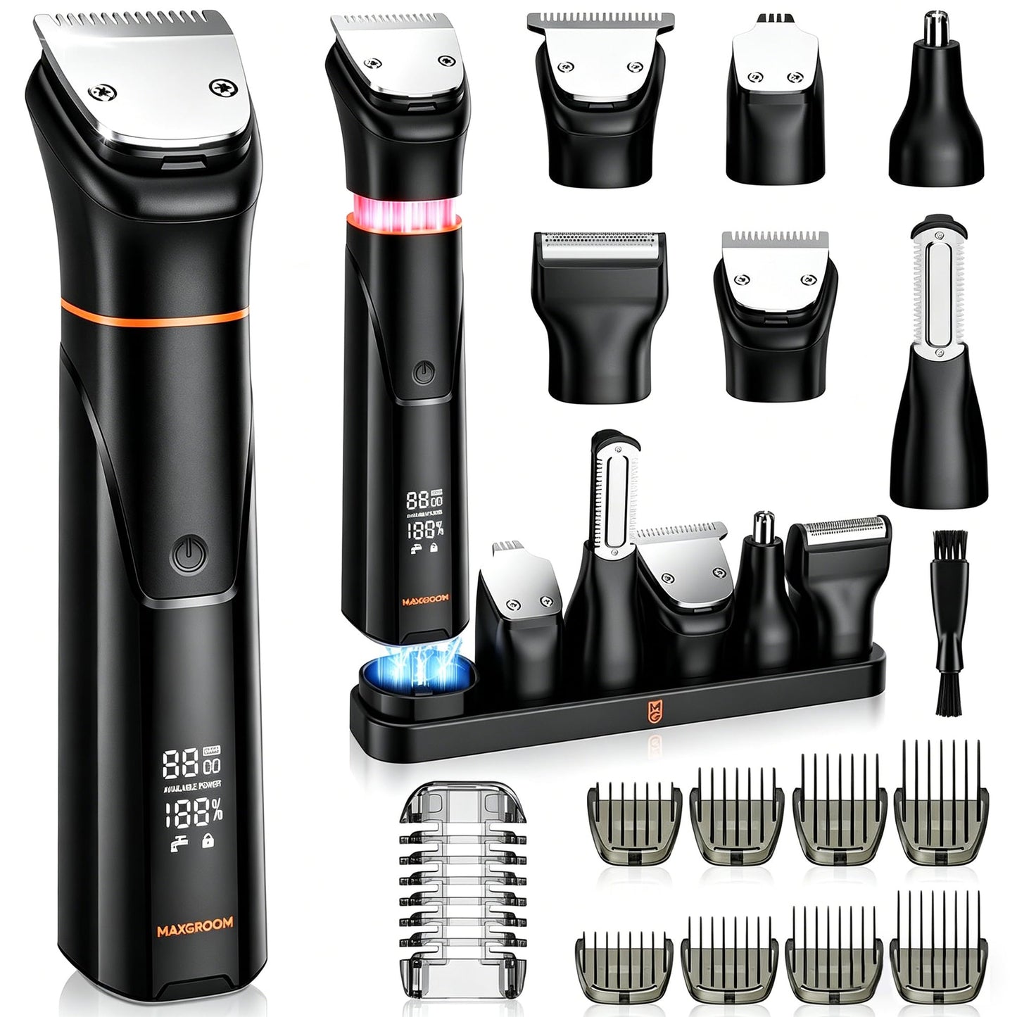 MAXGROOM 6 in 1 Beard Trimmer for Men, Waterproof Cordless Electric Razor Shaver, Men's Grooming Kit for Mustache, Hair, Face, Nose and Body, USB Recharge Dock - Black