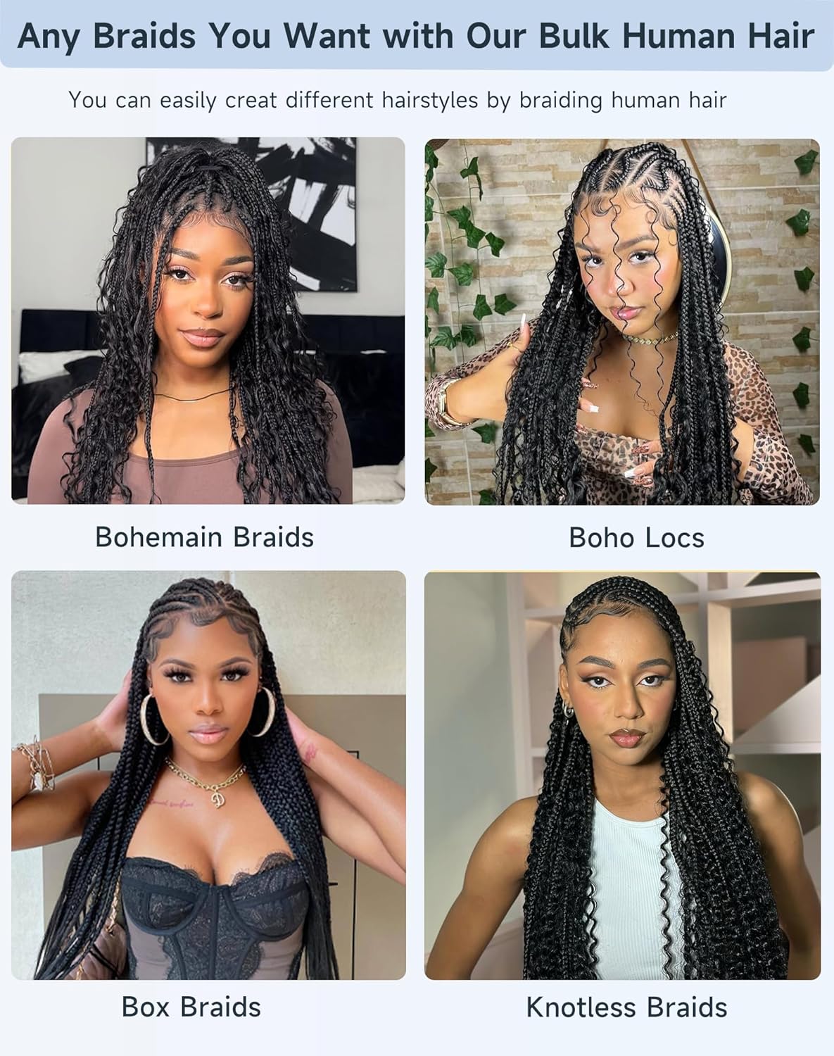 22 Inch Human Braiding Hair - Deep Wave Boho Braids, 110g | 100% Unprocessed Brazilian Virgin Hair Extensions, Natural Color, 4 Bundles