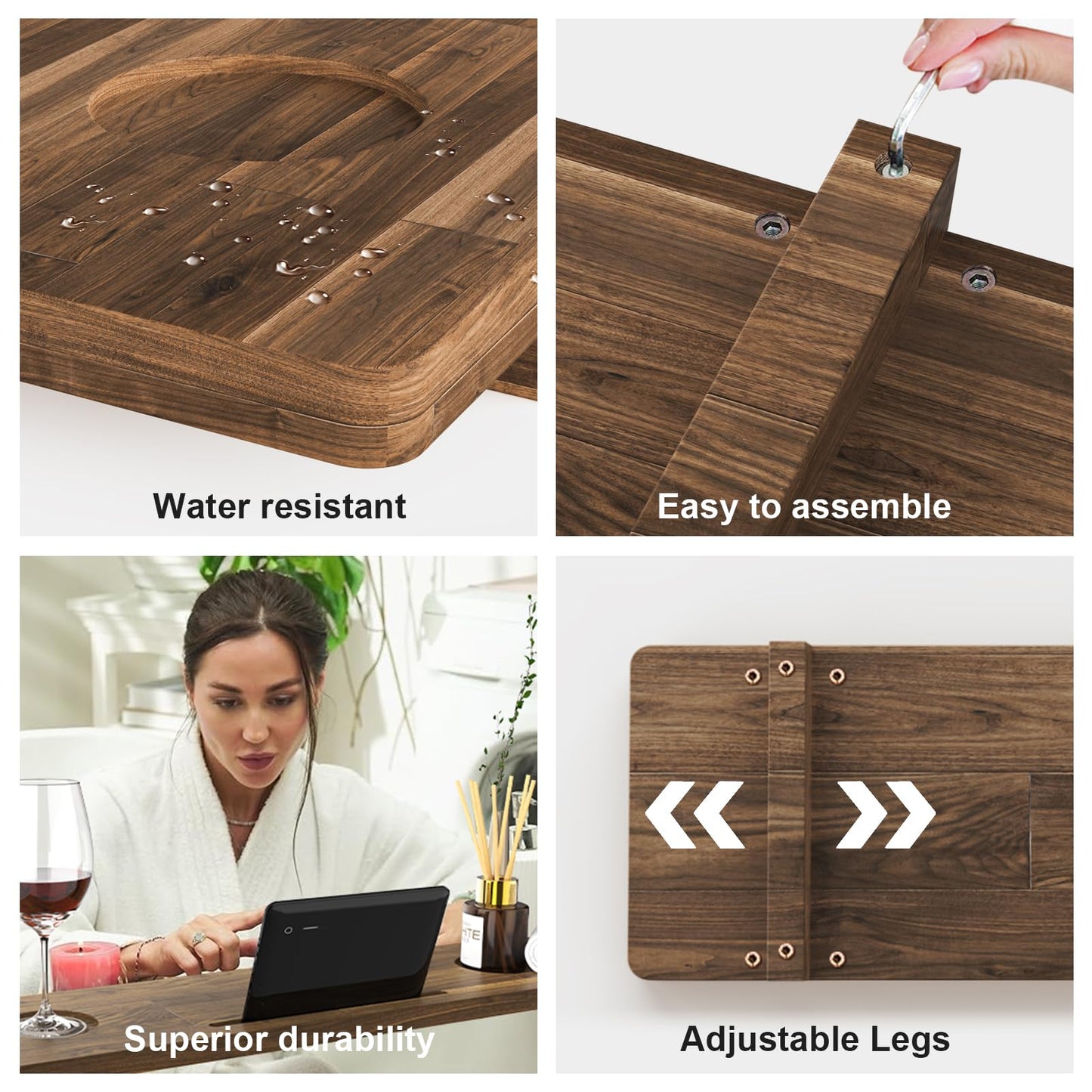 Premium Bathtub Tray for Freestanding Bath, Large & Thick 35” Acacia Wood Luxury Bath Tray for Tub， Anti-Tip, Non-Toxic, Adjustable Bathtub Trays for Tub with Bathroom Accessories Holder